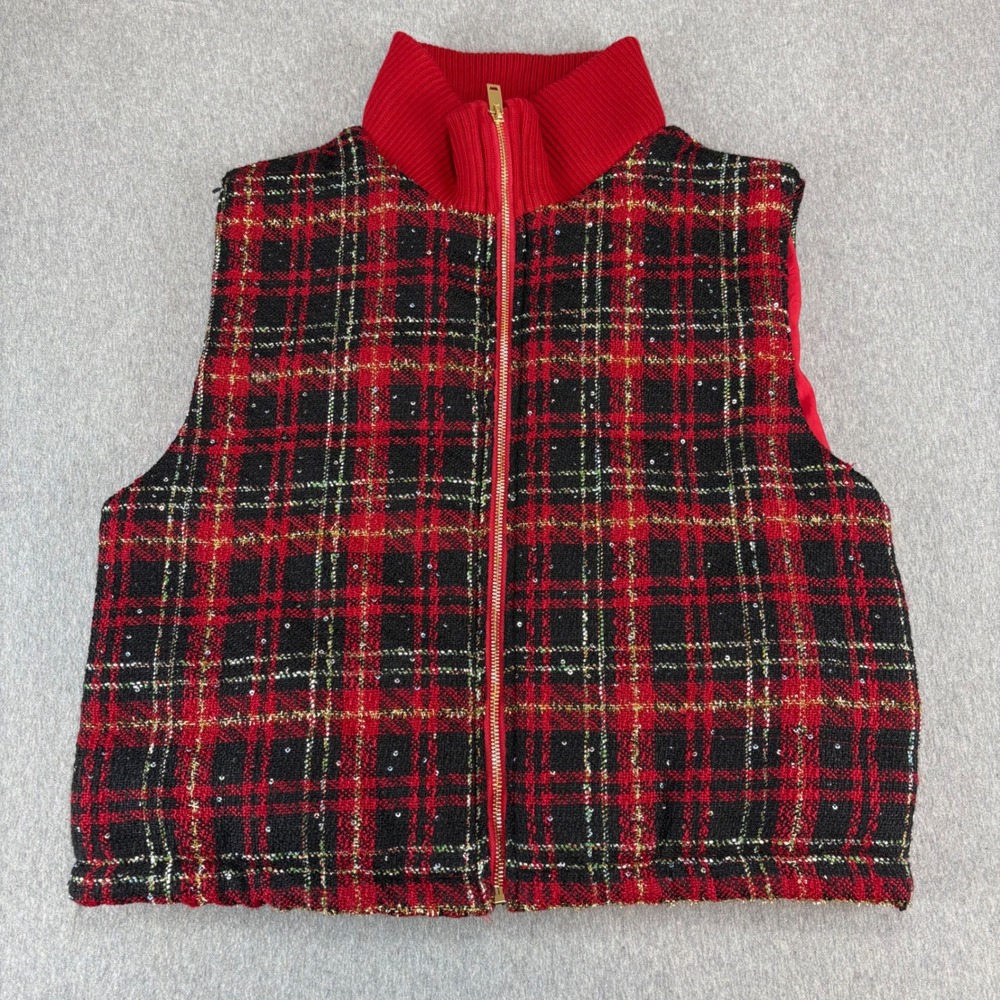 Red Plaid Tweed Vest Womens M Zip Up Standing‎ Collar Promise Los Angeles